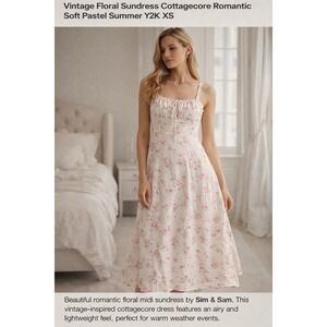 Sim & Sam Floral Midi Dress XS Cottagecore Linen Blend Pink Romantic Y2K
